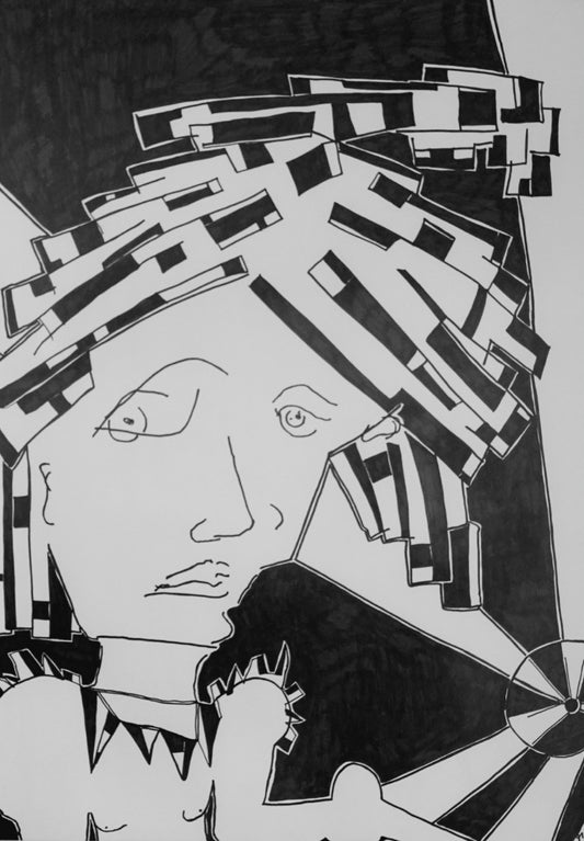 Atomic Grief aka Liberty (2025)" von Melanie Zürn. Ein kubistisches Schwarz-Weiß-Porträt (59,4x42 cm), das eine menschliche Figur mit geometrisch zerlegten Gesichtszügen und Haaren zeigt. Die Technik ist Edding auf Zeichenpapier. Das Bild besticht durch seine minimalistische Darstellung und die kraftvolle Ausdrucksweise.