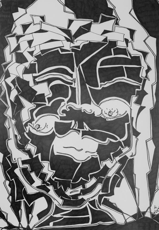 Abstraktes, kubistisches Porträt 'Inked (2025)' von Melanie Zürn (Edding auf Zeichenpapier, 42x59,4cm). Das Werk zeigt ein stilisiertes Gesicht mit markanten Linien und Formen, die an den Kubismus erinnern. Die monochrome Farbgebung unterstreicht die grafische Wirkung des Bildes.