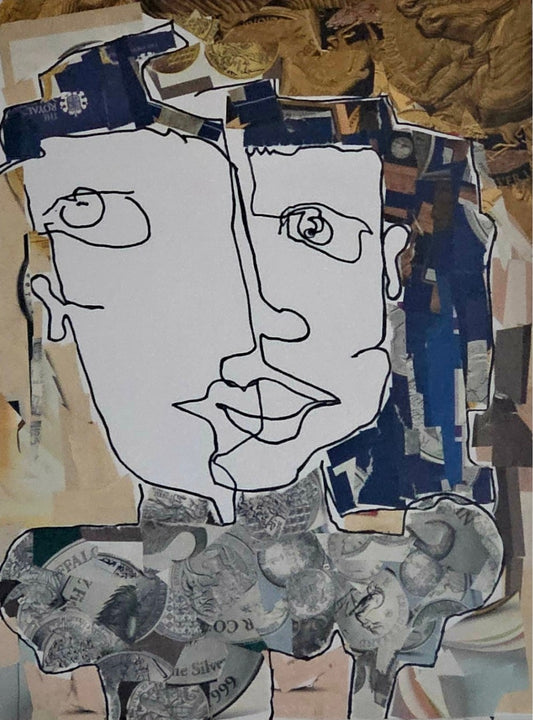 " One Line Art" (2025), ein hochformatiges Kunstwerk von Melanie Zürn im Stil des intuitiven Kubismus. Es zeigt ein abstraktes Porträt einer menschlichen Figur, gestaltet mit schwarzem Edding auf Papier und Collage-Elementen. Die Farbpalette umfasst Schwarz-Weiß und warme Farbakzente. Die Komposition ist minimalistisch und geometrisch. Größe: 29,7 cm x 42,0 cm.