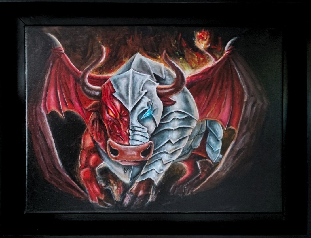 Acrylgemälde eines geflügelten Stiers in Rot und Silber mit Hörnern und rüstungsartiger Körperhälfte vor dunklem Hintergrund mit Flammen, gerahmt in einem breiten schwarzen Schattenfugenrahmen.