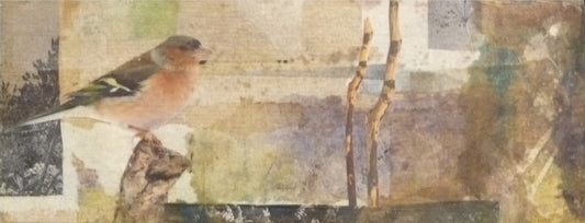 Zeitgenössische Collage "Buchfink" in Querformat (12x30x4cm) auf einer Box, aus handgefärbten Papieren und Stoffen mit Naturthema.