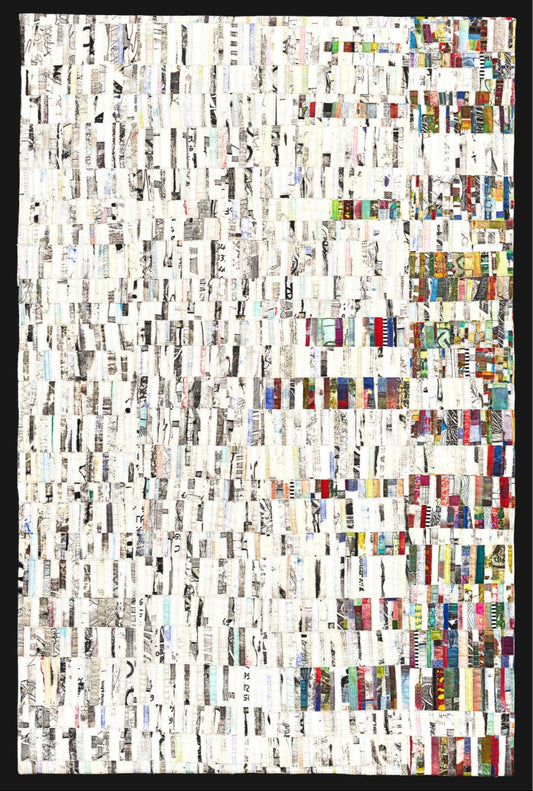 Textilcollage "Connected" aus recycelten Stoffen, abstraktes Hochformat (120x80x1cm).