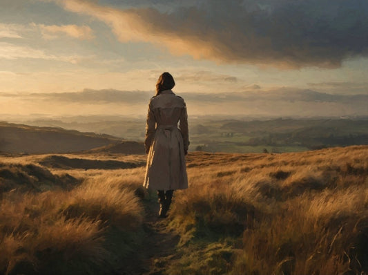 Das fotorealistische Digitalgemälde "Uckermark" aus der Serie "Rueckenfiguren" von nostrokes zeigt eine Person von hinten, die auf einem Feldweg steht und in die Ferne blickt. Die Silhouette der Person hebt sich vor dem warmen, orange-gelben Licht der Abendsonne ab, die über eine weite, landwirtschaftlich genutzte Fläche scheint. Das Werk ist von einer romantischen, nachdenklichen Stimmung geprägt. Es ist auf Leinwand gedruckt und in einer limitierten Edition bei ARTSPACER erhältlich.