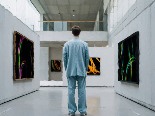 Das fotorealistische Digitalgemälde "Bilbao" aus der Serie "Rueckenfiguren" von nostrokes zeigt eine Person, die von hinten in einem großen, hellen, modernen Gebäude steht. Die Person trägt einen hellblauen Anzug und blickt auf die gegenüberliegenden Wände, an denen moderne, leuchtende Gemälde hängen. Das quadratische Werk ist in einer limitierten Edition auf Leinwand gedruckt und in der Online-Galerie ARTSPACER erhältlich.