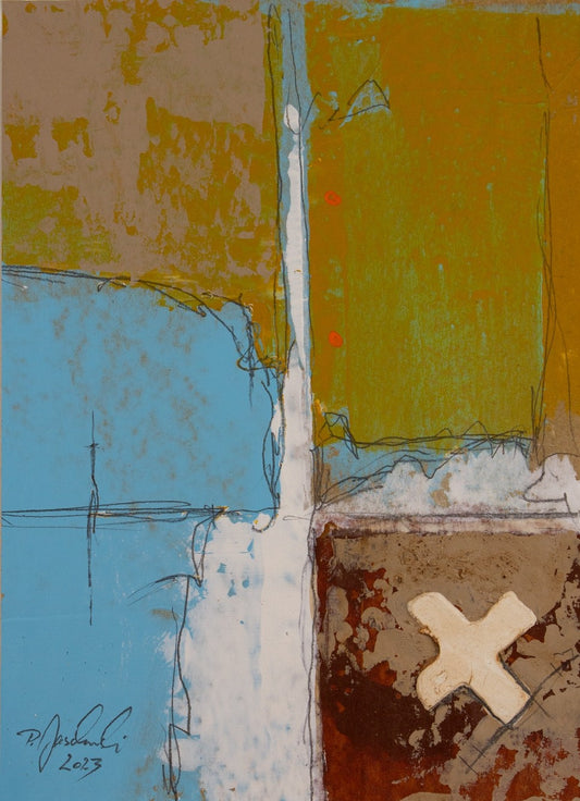 Zeitgenössische Malerei von Peter Jaschinski (Wuppertal): „003_2023“ besticht durch haptische Texturen und maritime Erdfarben. Ein signiertes Unikat, das moderne Symbolik mit abstrakter Naturinspiration verbindet.