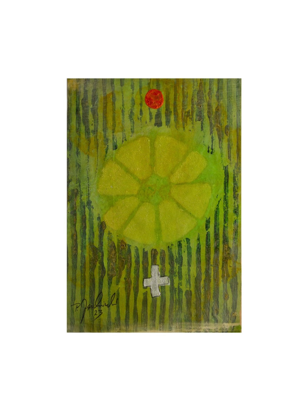 Zeitgenössische Kunst von Peter Jaschinski: Das Werk thematisiert den Kreis als Symbol für den Kreislauf des Lebens. Abstraktes Gemälde in Mischtechnik mit Fokus auf alchemistische Naturgedanken, montiert auf weißem Karton (40x30 cm).