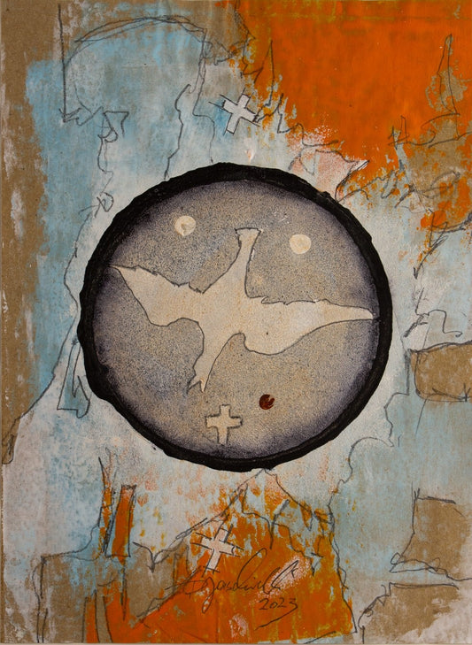 Zeitgenössische Kunst von Peter Jaschinski: Zentrale Kreiskomposition mit Tauben-Symbol und kleinen Kreuzen auf strukturiertem Grund. Handgemaltes Unikat, das alchemistische Zyklen in moderner Abstraktion darstellt.