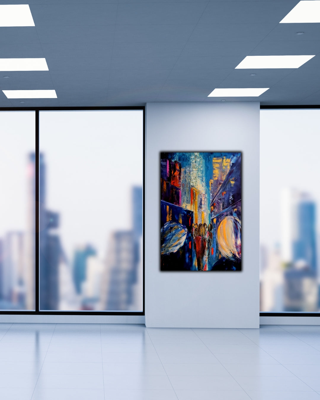 Das Gemälde “Cityglow” von Petra Erengil zeigt eine lebhafte Straßenszene bei Nacht. Hohe Gebäude säumen die Straße, die von Menschenmengen belebt ist. Die pastöse Spachteltechnik mit Ölfarben verleiht dem Bild eine faszinierende Struktur und Tiefe, die die Energie und Dynamik des städtischen Lebens einfängt. ARTSPAVER