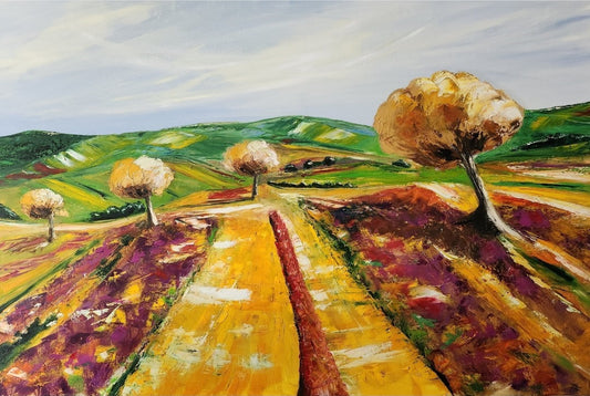 “Der Feldweg” von Petra Erengil ist ein lebendiges Ölgemälde, das die Ruhe der Natur einfängt. Ein geschwungener Weg führt durch ein farbenfrohes Feld, umgeben von Bäumen in warmen Gelb- und Brauntönen. Die kräftigen Farben und die reiche Textur verleihen dem Werk eine fast dreidimensionale Qualität. Ideal für Kunstkenner und Liebhaber natürlicher Landschaften. ARTSPACER