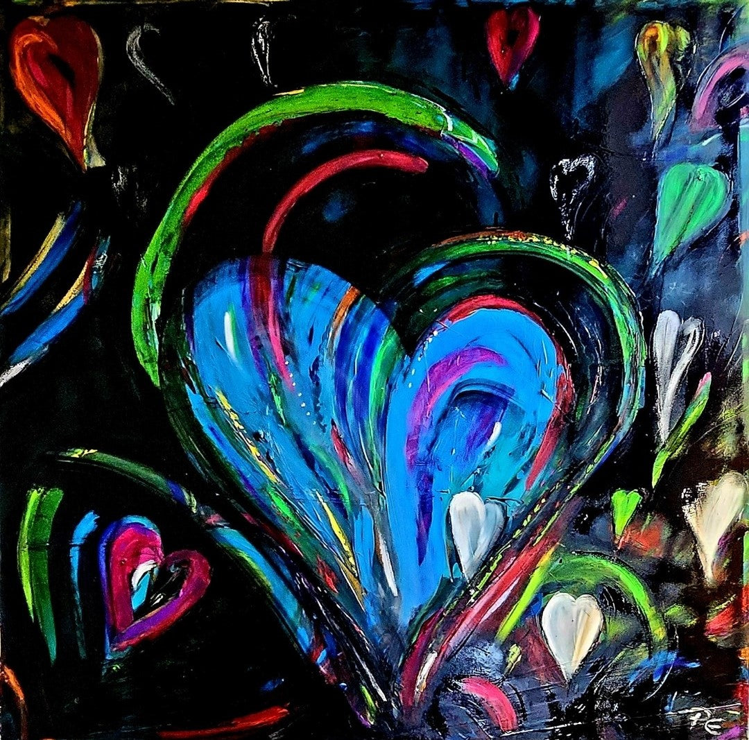 Ein quadratisches Gemälde (1x1 Meter) in Acryl auf Leinwand. Lebendige Herzformen in Blau, Grün, Rot und Weiß heben sich vor einem tiefschwarzen Hintergrund ab. Die Herzen sind geschwungen und teils ineinander verschlungen, mit dynamischen Farbakzenten, die Energie und Leidenschaft ausstrahlen. ARTSPACER