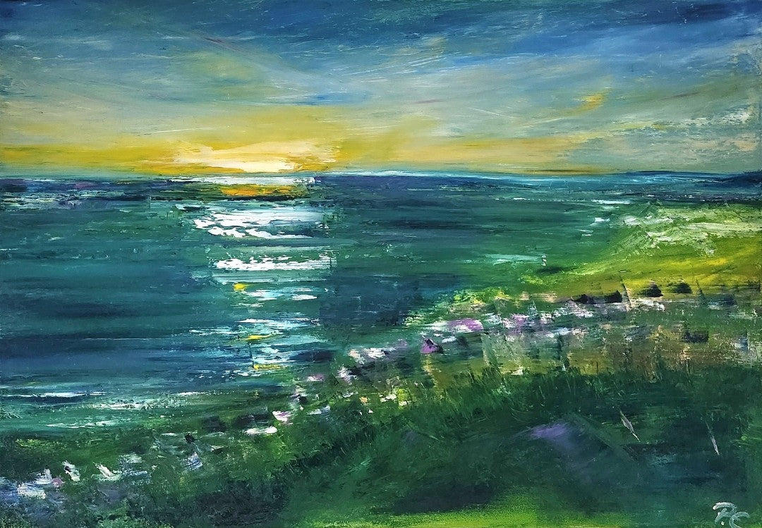Abstraktes Ölgemälde "Rügen" von Petra Erengil, 70x100 cm. Landschaftsbild mit Sonnenuntergang über dem Meer, grüne Dünen und abstrakte Blumen. Abstrakte Meereslandschaft. ARTSPACER