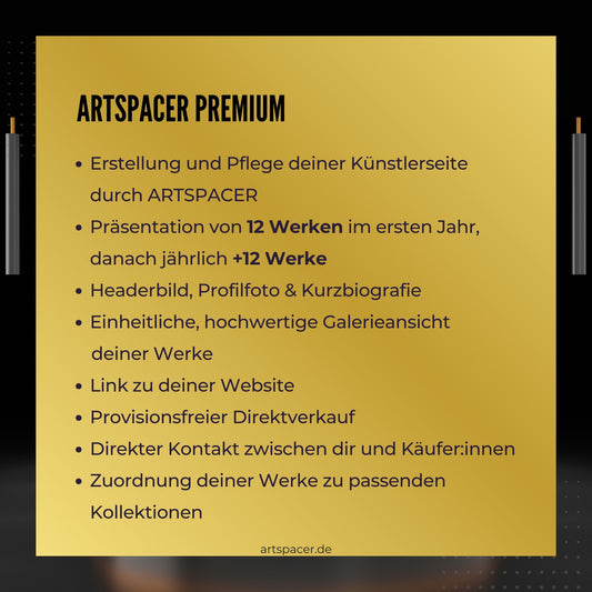 Das Bild bewirbt die Künstler Premium-Mitgliedschaft der Online-Galerie ARTSPACER für 14,95 € pro Monat (entspricht 179,40 € jährlich).
