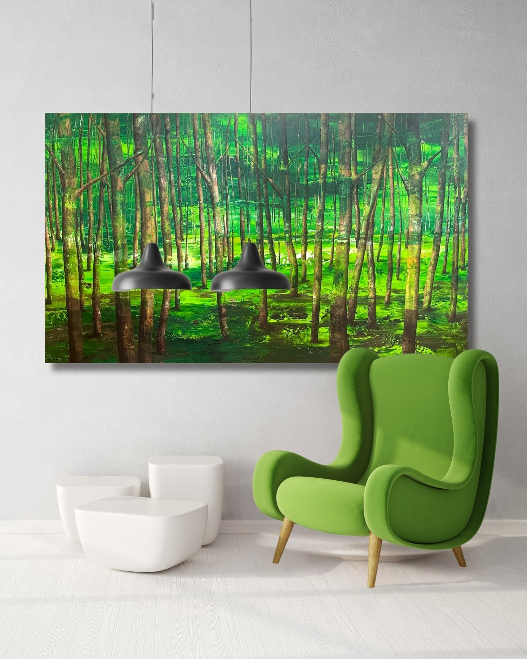Großformatiges Acrylbild Green Forest. Dichte Baumstämme in tiefen Grüntönen ohne Blätter. Intensive, lebensbejahende Waldstimmung. Künstlerin: Sabine Hoch-Himmighofen