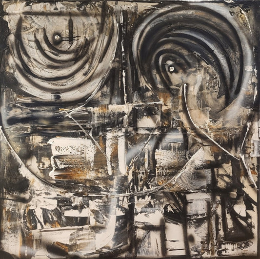 Quadratische Acryl-Mischtechnik „Die Perfektion in vielen Teilen“ von Sandra Conrad mit Kreisen, geometrischen Formen und Strukturen in Schwarz, Weiß und Gold.