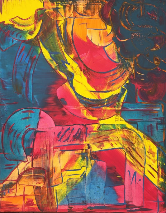 Abstraktes Acrylgemälde von Sandra Conrad im Hochformat mit leuchtenden Gelb-, Pink-, Orange- und Blautönen, gestischen Linien und dynamischen Farbflächen, Acryl auf Leinwand, 100 x 80 cm, ungerahmt.