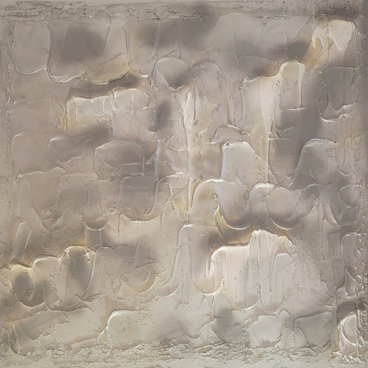 Quadratisches Strukturgemälde „Eiszeit, Die Eleganz des Ewigen“ von Sandra Conrad mit plastischen Flächen in Silber, Anthrazit, Weiß und kühlen Grautönen.