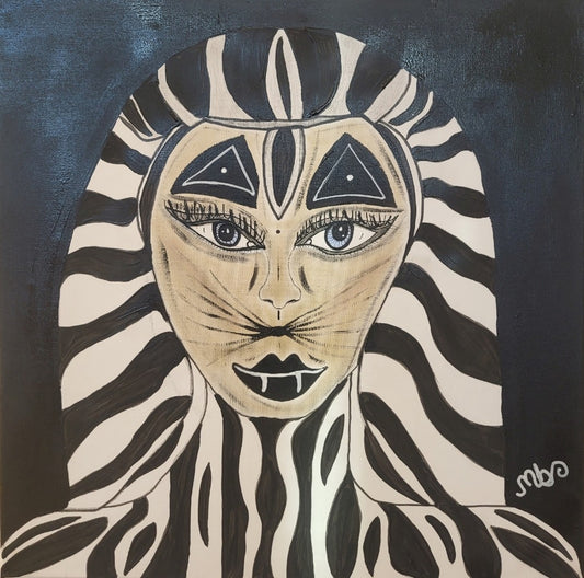 Expressives Acrylporträt „Machtvolles Antlitz“ von Sandra Conrad mit abstrahierten menschlichen und animalischen Formen in Pink, Türkis, Orange, Schwarz und Weiß.