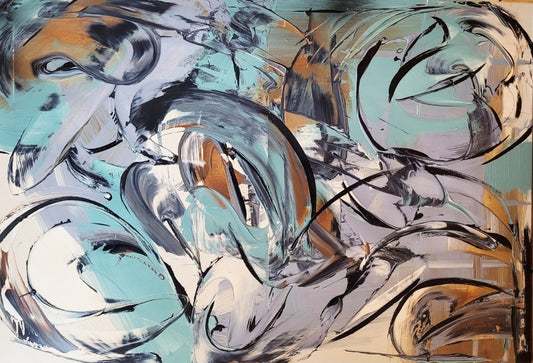 Abstrakte Acrylmalerei „Metamorphose“ von Sandra Conrad mit geschwungenen Formen in Schwarz, Grau, Türkis sowie warmen Gold- und Erdtönen.