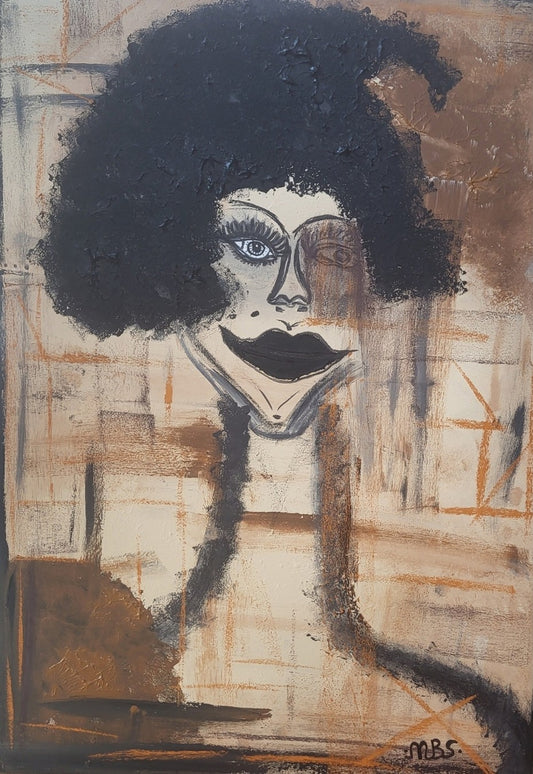 Expressiv-figurative Acrylmalerei „My Place in the World“ von Sandra Conrad mit abstrahiertem Gesicht, Strukturpaste und erdigen Braun-, Ocker-, Schwarz- und Weißtönen.