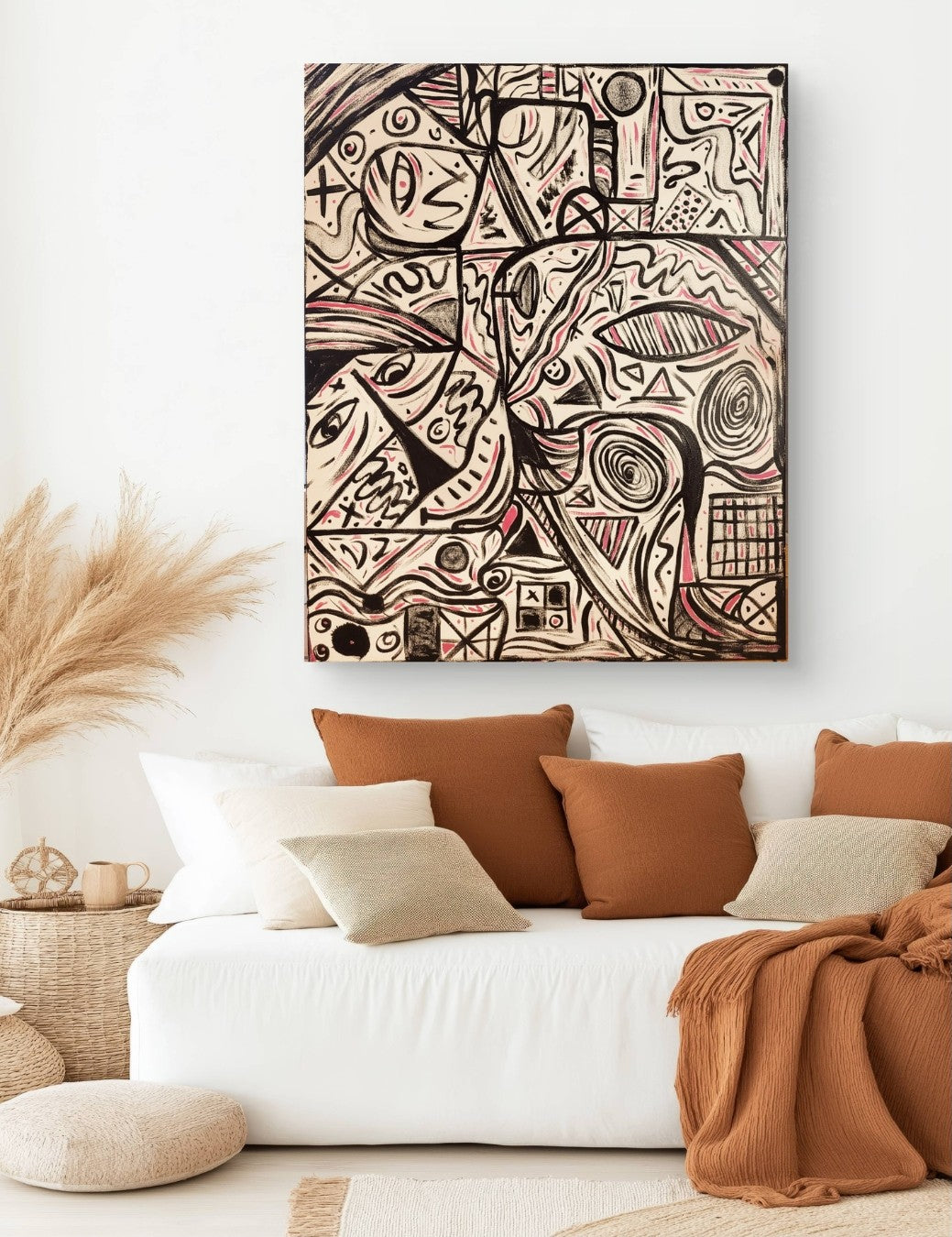 Abstraktes Acrylgemälde von Sandra Conrad im Hochformat mit schwarzen grafischen Linien, stilisierten Gesichtern, Symbolen und zarten roséfarbenen Akzenten auf hellem Hintergrund, Acryl auf Leinwand, 100 x 80 cm, ungerahmt.