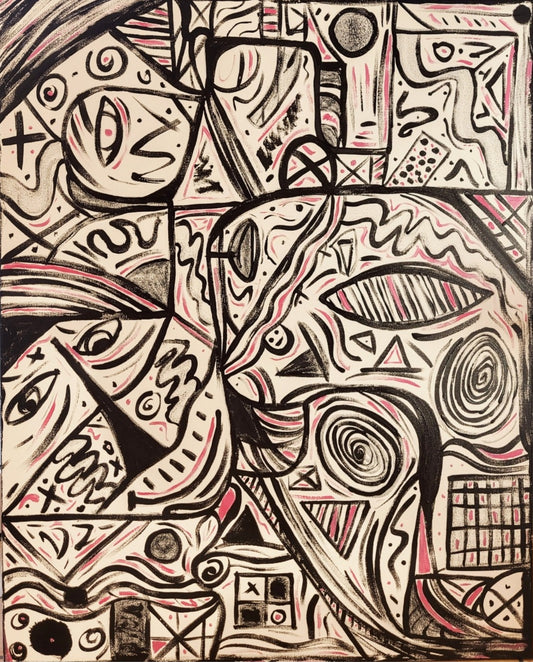 Abstraktes Acrylgemälde von Sandra Conrad im Hochformat mit schwarzen grafischen Linien, stilisierten Gesichtern, Symbolen und zarten roséfarbenen Akzenten auf hellem Hintergrund, Acryl auf Leinwand, 100 x 80 cm, ungerahmt.