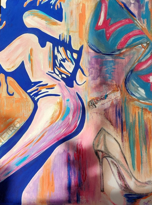 Abstraktes Acrylgemälde "Retro" von Simone Kratzsch, 80x60cm. Weiche Farbverläufe in Rosa, Blau, Orange und Lila, die an vergangene Zeiten erinnern.