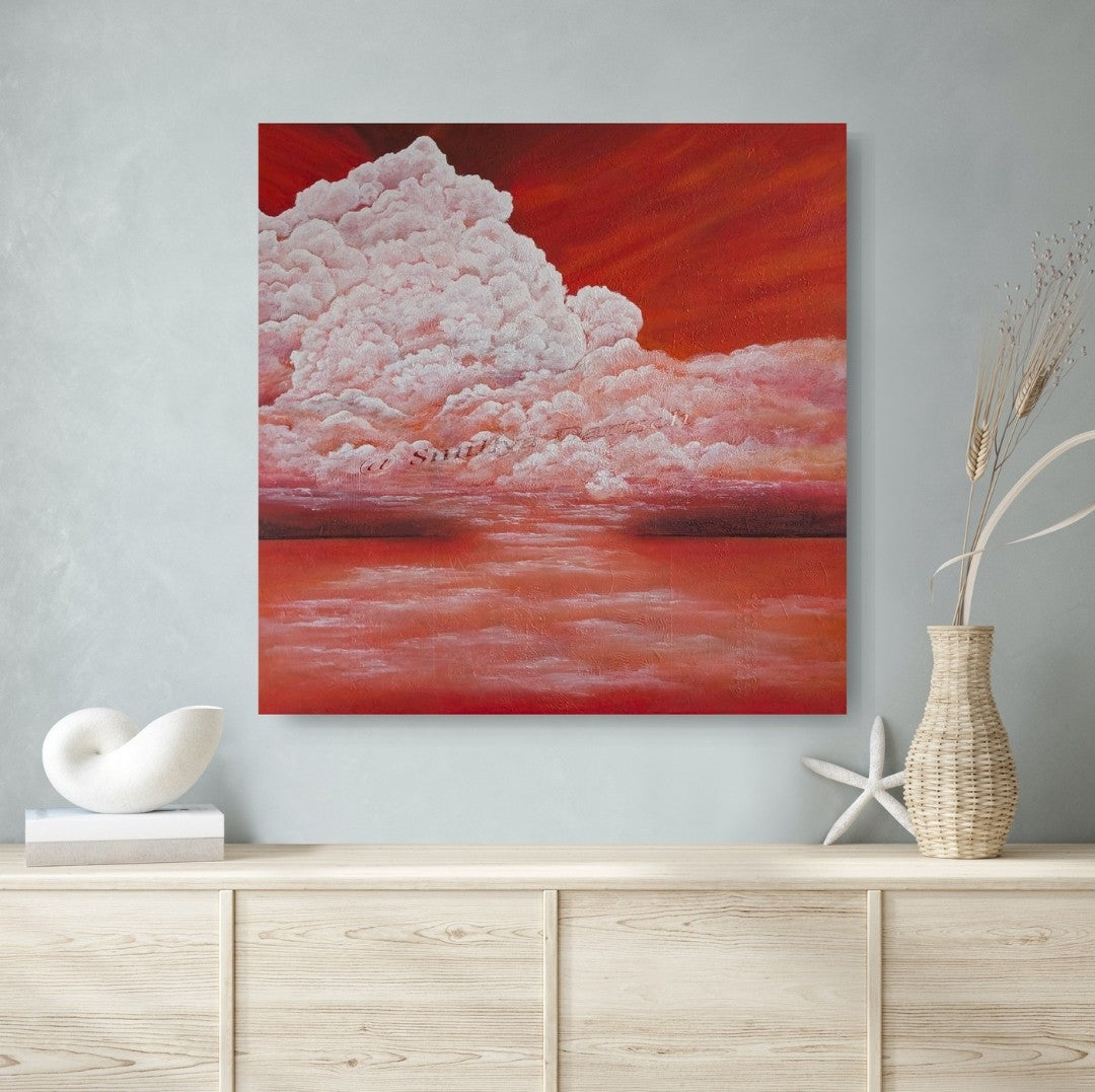 Monumentale weiße Wolkenformation über spiegelndem Wasser in warmen Rot‑/Orangetönen; strukturiertes, quadratisches Acrylgemälde (80×80 cm) auf Keilrahmen.