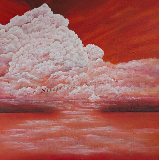 Monumentale weiße Wolkenformation über spiegelndem Wasser in warmen Rot‑/Orangetönen; strukturiertes, quadratisches Acrylgemälde (80×80 cm) auf Keilrahmen.
