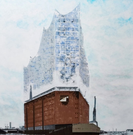 Handgemaltes Acrylgemälde "Elbphilharmonie Hamburg" von Smillya Dartsch. Ein Unikat, das die ikonische Architektur und ihre Verbindung zum Himmel einfängt.