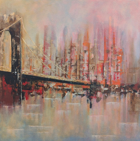 Quadratisches Acrylgemälde (50×50 cm): abstrahierte Hängebrücke links vor vertikal verwaschener Skyline; warme Rosé‑, Orange‑ und Beigetöne mit weichen Reflexionen.