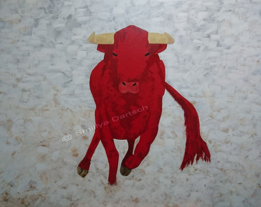 Quadratisches Acrylgemälde: frontal zulaufender roter Stier mit hellen Hörnern auf hellem, pastos strukturiertem Grund; klare Kontur, minimaler Hintergrund.