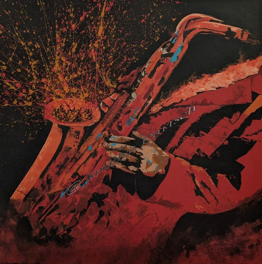 Quadratisches Acrylgemälde (80×80 cm): dynamische Figur mit Saxophon, warme Rot‑/Orangetöne und tiefes Braun; explosive Farbspritzer als „Klangwellen“, strukturierte Oberfläche.