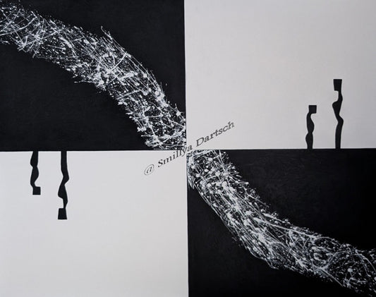 Schwarz‑weißes Acrylgemälde (80×100 cm) mit vier Feldern: diagonaler, weiß gespritzter „Faden“ von links oben nach rechts unten; links hängende schwarze Bänder, rechts zwei abstrahierte Figuren.