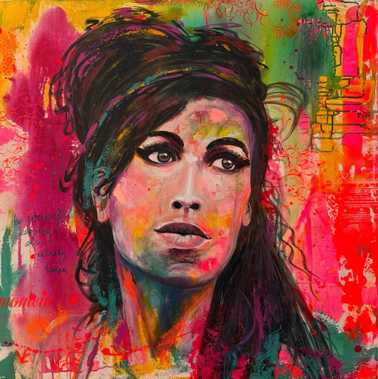 Expressives Acrylporträt mit markanten schwarzen Konturen und intensiven Farbflächen in Türkis, Orange, Pink und Rot auf quadratischer Leinwand.