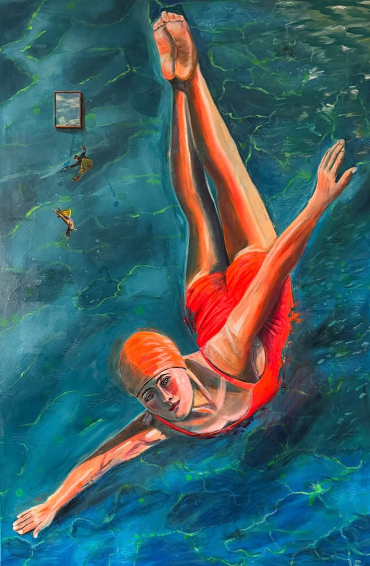 Acrylgemälde "Himmelstanz" von Susann Versteegen (ARTSPACER). Eine Person in rotem Badeanzug taucht mit ausgestreckten Armen und Beinen in leuchtend blaues, strukturiertes Wasser. Surrealistische Elemente sind im Hintergrund zu sehen.