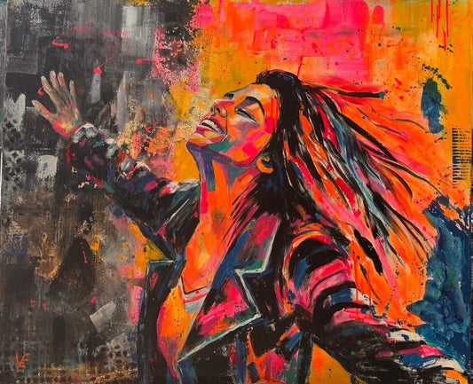 Expressiv-figurative Acrylmalerei „Lebensrausch“ von Susann Versteegen mit einer aufgerichteten Figur, ausgebreiteten Armen und leuchtenden Rot-, Gelb-, Orange- und Blautönen.