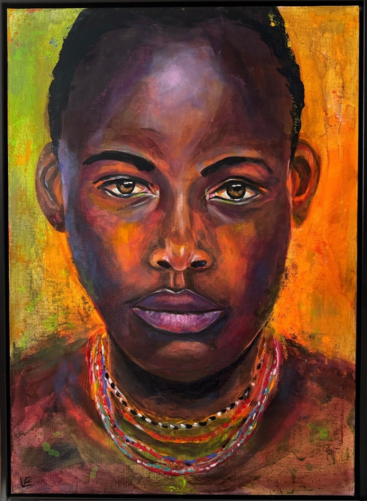 Expressives Acrylporträt „Still frei“ von Susann Versteegen mit direktem Blick und intensiven Grün-, Orange-, Braun-, Gelb-, Blau- und Lilatönen.