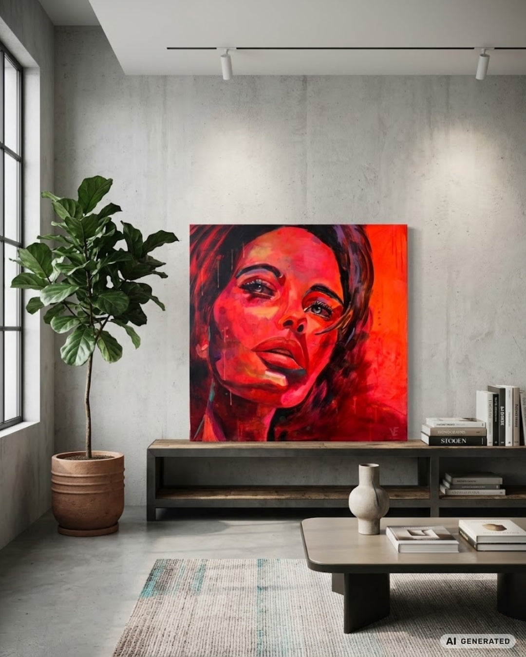 Expressives Acrylporträt „Ungebrochen – Red Velvet“ von Susann Versteegen in intensiven Rot-, Lila- und Neonrottönen mit sichtbarer Rissstruktur.