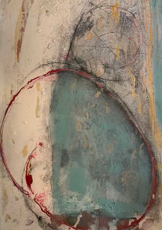 Abstraktes Gemälde „Abstractart 1“ von Susanne Schwartinsky-Probst, Acryl auf Leinwand, 90 x 60 cm, Kreiskomposition in Beige, Türkis, Grau und Rot.