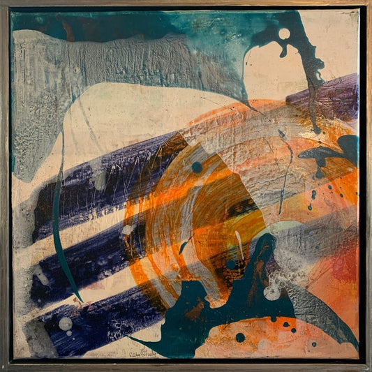 Acrylbild „Abstrakt World 3“ von Susanne Schwartinsky-Probst, abstrakte Malerei in Blau-Orange auf Leinwand mit Struktur, 60 x 60 cm, Schattenfugenrahmen.