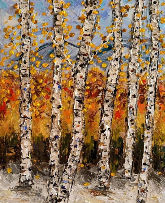 Handgemaltes Originalgemälde „The Moment of Fall“ von Susanne Stepbach. Impressionistischer Birkenwald im Herbst mit leuchtend gelben Blättern und weißen Stämmen in starker Impasto-Struktur auf 40x30 cm Leinwand.