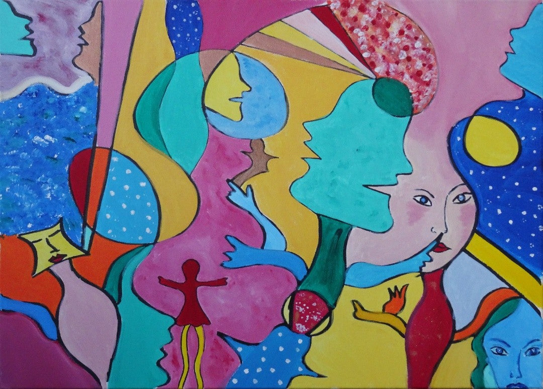 Buntes abstraktes Querformat mit vielen figurenähnlichen Elementen und dynamischen Farbkombinationen.