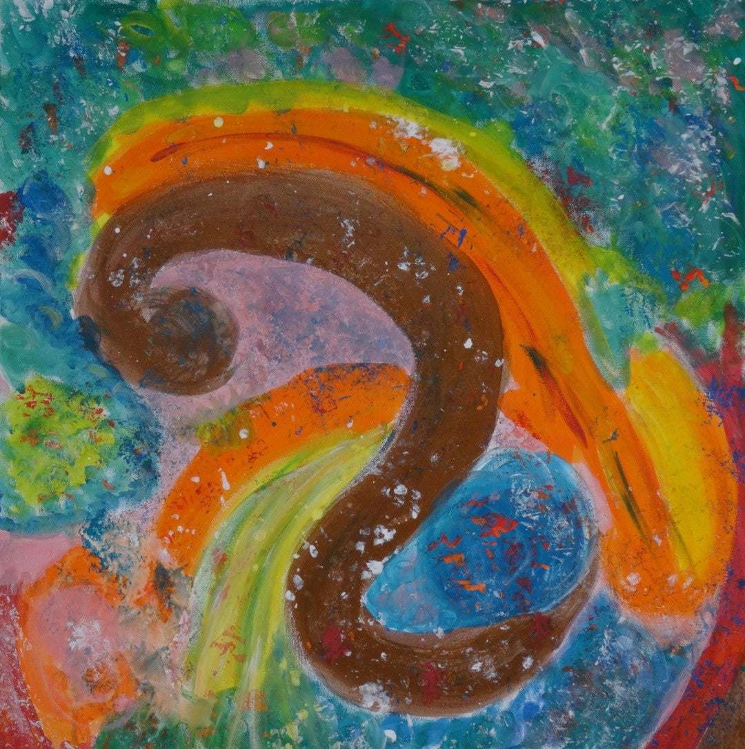 Quadratisches abstraktes Gemälde mit bronzener geschwungener Form, orangefarbenen Lichtakzenten und blau‑grünen Flächen.