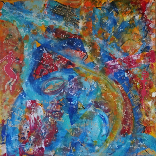 Quadratisches farbenintensives Gemälde mit Wortfragmenten und abstrakten Farbschichten.