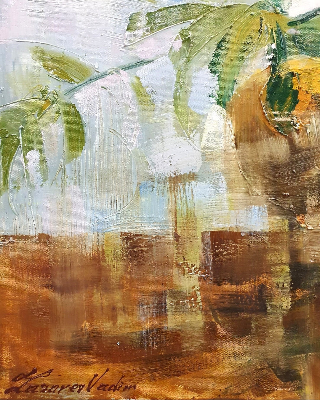 Detailansicht: Ölgemälde von Vadim Lazarev, 80 × 80 cm. Eine braune Vase mit Zweigen und leuchtend gelben Apfelsinen vor einem impressionistisch gehaltenen Hintergrund. Licht, Farbe und Textur verschmelzen zu einer harmonischen Komposition.