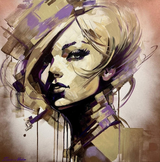 Expressives Ölgemälde „Charme“ von Vadim Lazarev (80 × 80 cm). Porträt einer Frau mit intensiven Blick, umgeben von dynamischen Pinselstrukturen in erdigen und violetten Farbtönen.
