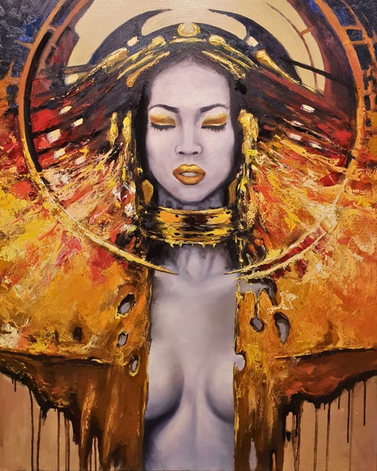 Ein ausdrucksstarkes Ölgemälde von Vadim Lazarev (Träume), das eine Frau mit geschlossenen Augen zeigt. Ihr Gesicht ist sanft modelliert, während ihr Körper und Gewand in kräftigen Gold-, Rot- und Schwarztönen mit fließenden Strukturen und glänzenden Akzenten gestaltet sind. Die Komposition strahlt eine spirituelle und kraftvolle Aura aus, verstärkt durch abstrakte Elemente und goldene Details. Ein hypnotisches Kunstwerk mit tiefer Symbolik.