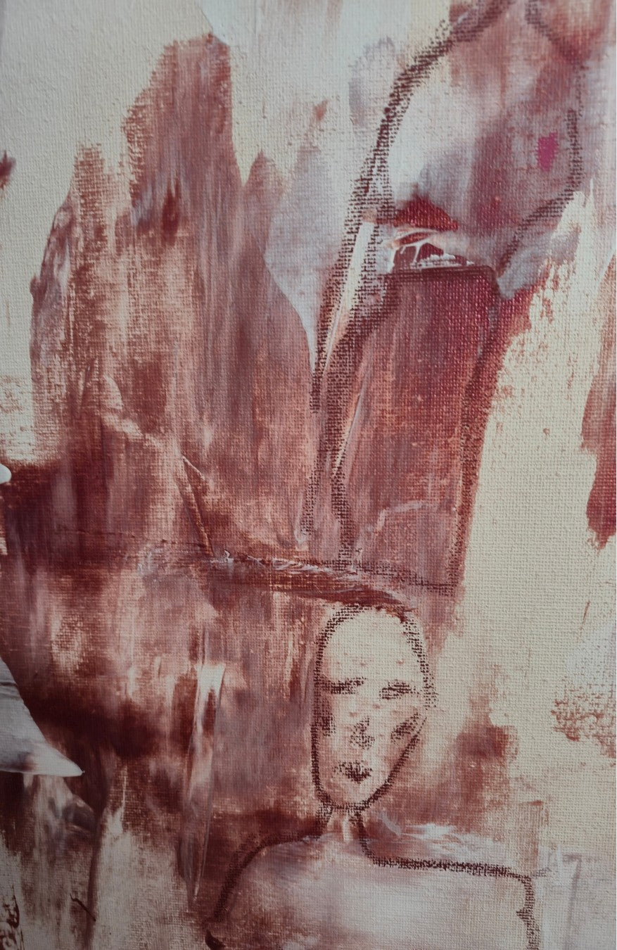 Abstrakt-figurative Komposition „All the While“ von Yasmin Thiele-Erciyas. Auf hellem Grund verbinden sich dynamische Acrylstrukturen in Erdtönen und Weiß mit zarten Ölkreide-Skizzen mehrerer Frauenfiguren, die zwischen Abstraktion und Sichtbarkeit changieren.