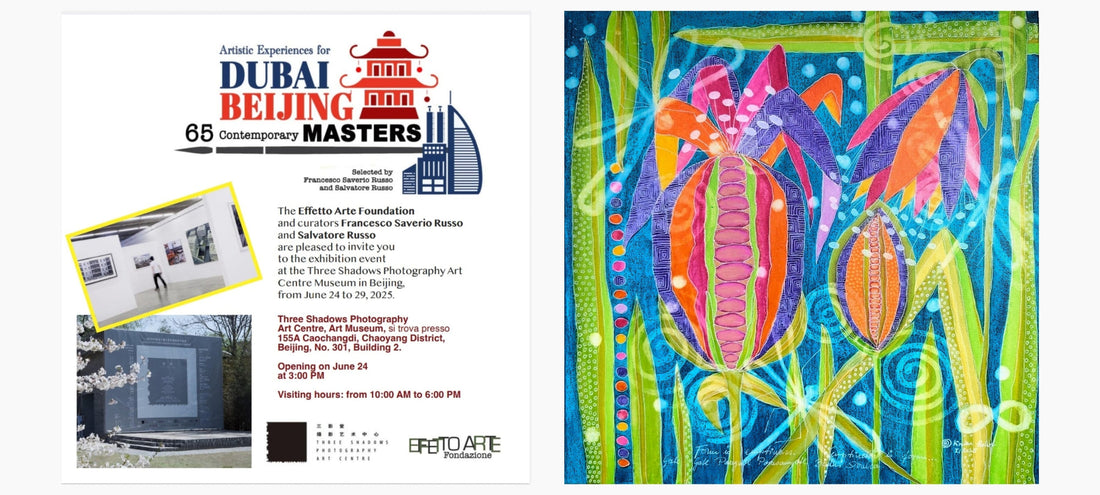 Farbenfrohes abstraktes Kunstwerk von Kirsten Kohrt mit floralen, organischen Formen in leuchtenden Blau-, Grün- und Orangetönen; Titel: „Herzsutra“.