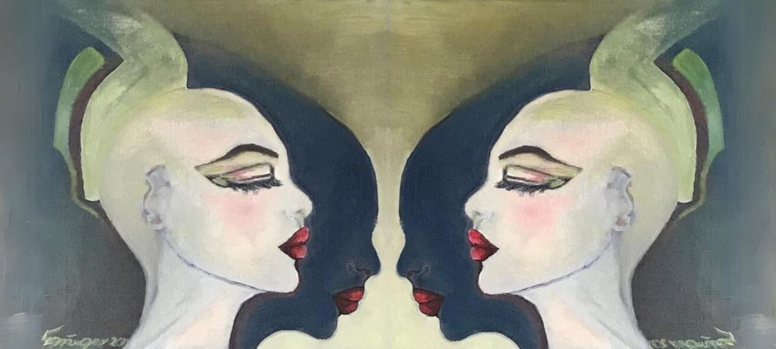 Gemälde, zwei Frauengesichter einander zugewandt mit geschlossenen Augen, Figurative Kunst von Gabriele Springer von FEMARTSPACE, warme FarbenbMlee 